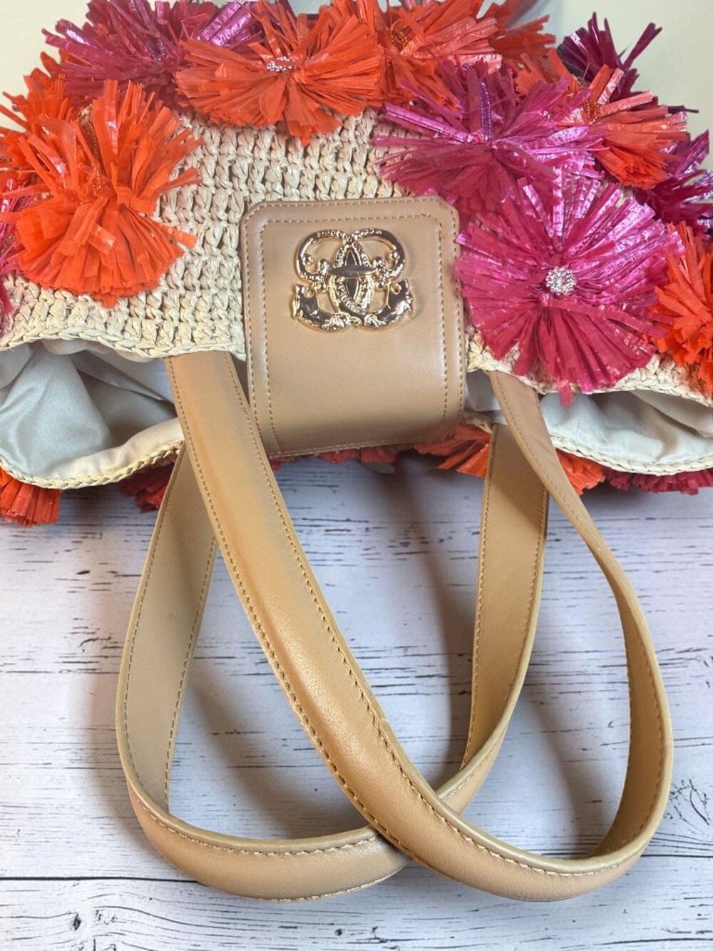 Sharif Woven Raffia 3D Floral Appliquรฉ Large Shoulder Crossbody Tote SAMPLE Bag - Picture 9 of 15